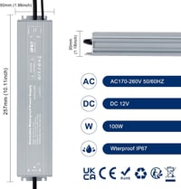 VARICART LED Transzformátor 12V 100W IP67 Vízálló Tápegység - Fényerőszabályozható LED Meghajtó 230V-ról 12V DC-re LED Szalagokhoz 2