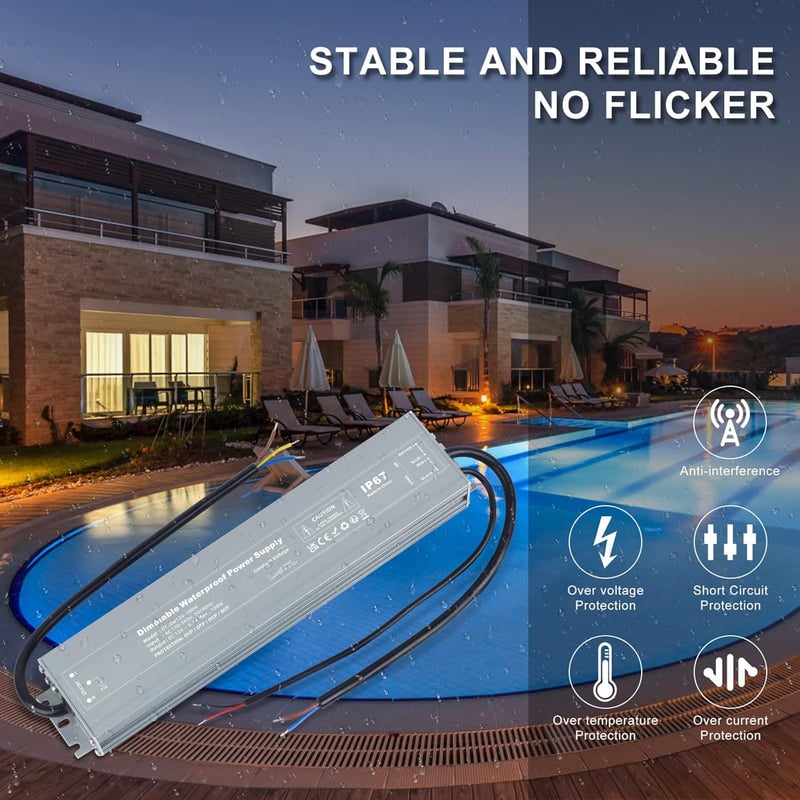 VARICART LED Transzformátor 12V 100W IP67 Vízálló Tápegység - Fényerőszabályozható LED Meghajtó 230V-ról 12V DC-re LED Szalagokhoz