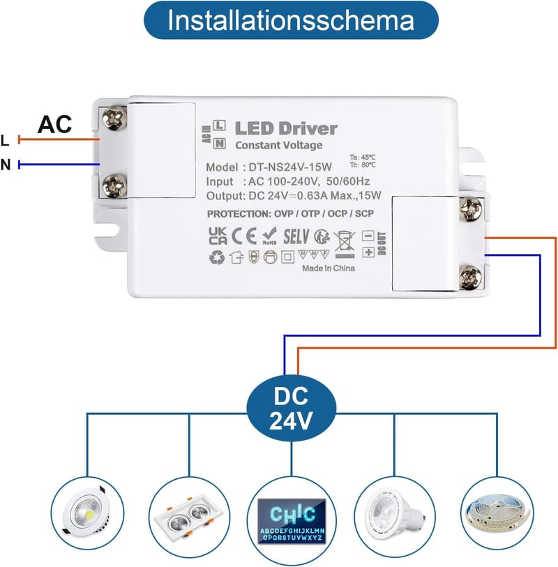 VARICART LED Transzformátor 24V 15W - Kompakt Állandó Feszültségű Tápegység 230V-ról 24V DC 625mA - LED Szalagokhoz és G4 Izzókhoz