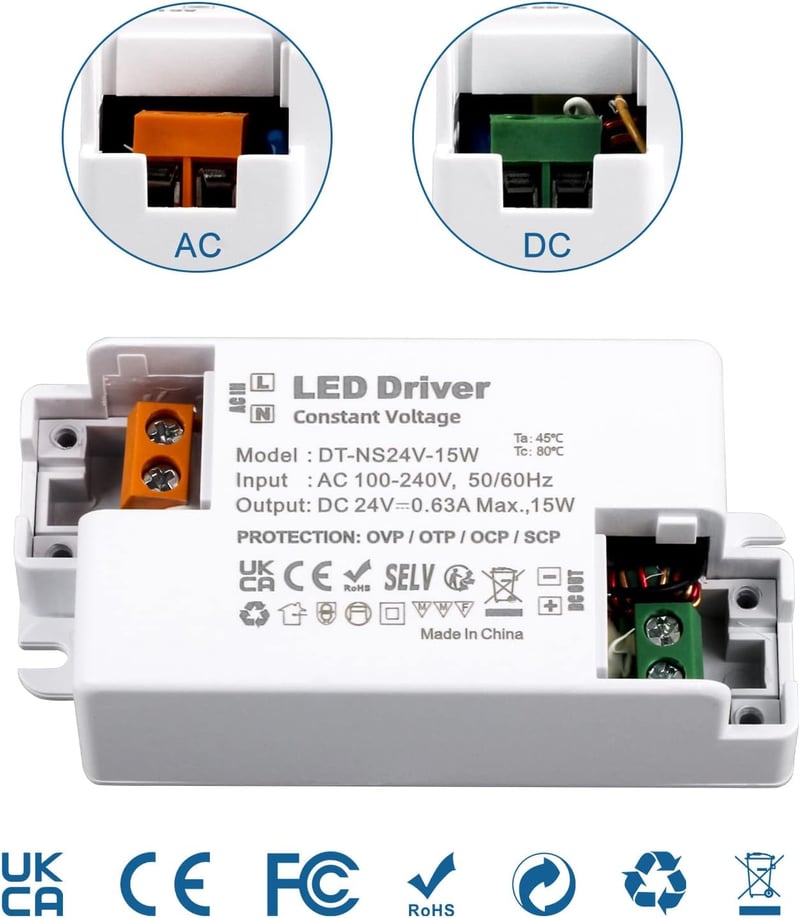 VARICART LED Transzformátor 24V 15W - Kompakt Állandó Feszültségű Tápegység 230V-ról 24V DC 625mA - LED Szalagokhoz és G4 Izzókhoz