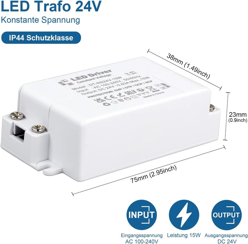 VARICART LED Transzformátor 24V 15W - Kompakt Állandó Feszültségű Tápegység 230V-ról 24V DC 625mA - LED Szalagokhoz és G4 Izzókhoz