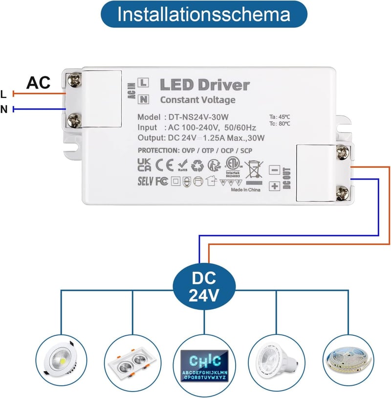 VARICART LED Transzformátor 24V 30W - Kompakt Tápegység 230V-ról 24V DC 1250mA - LED Szalagokhoz, G4, MR11, MR16 Izzókhoz