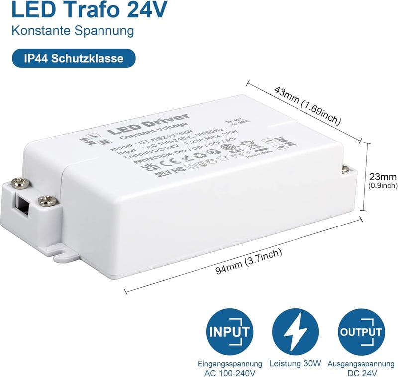 VARICART LED Transzformátor 24V 30W - Kompakt Tápegység 230V-ról 24V DC 1250mA - LED Szalagokhoz, G4, MR11, MR16 Izzókhoz