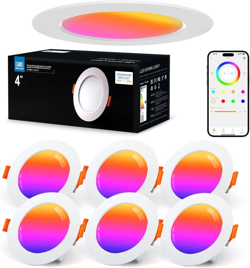 VARICART RGB LED Süllyesztett Spotlámpa Szett - 6 db Bluetooth Okos Mennyezeti Világítás, Alexa Kompatibilis, Színváltós, Szabályozható, Zen