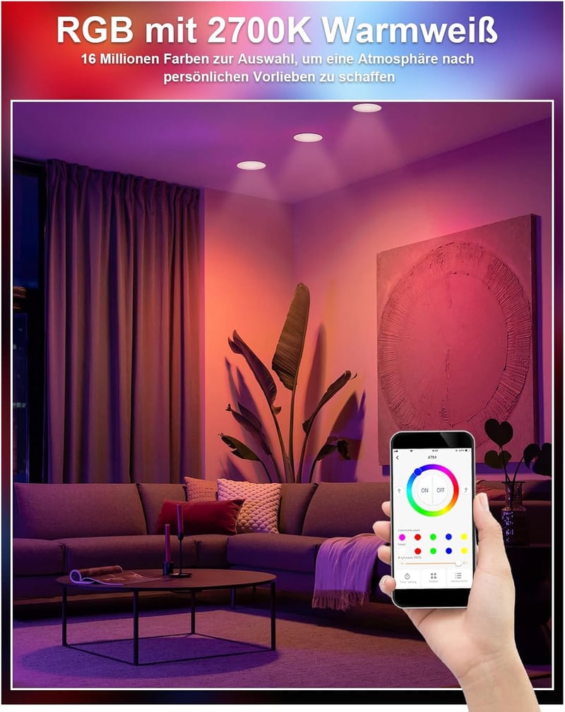VARICART RGB LED Süllyesztett Spotlámpa Szett - 6 db Bluetooth Okos Mennyezeti Világítás, Alexa Kompatibilis, Színváltós, Szabályozható, Zen