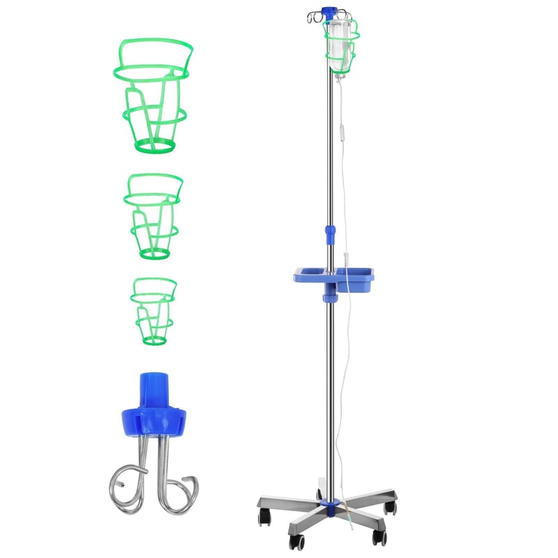 Varku Podesivi stalak za infuziju s kotačima - Nehrđajući čelik, 4 kuke, 3 držača za infuziju, pretinac za pohranu i protuklizna ručka