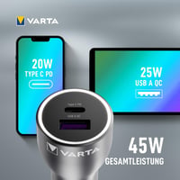 Încărcător Auto VARTA 45W, 2 Porturi, Design din Aluminiu, Încărcător Rapid USB pentru Brichetă Auto 6