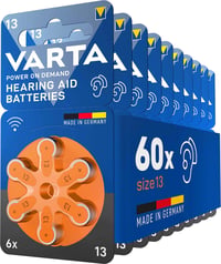 Batérie do načúvacích prístrojov VARTA typ 13 oranžové, balenie 60 ks, Power on Demand, pre načúvacie prístroje, vyrobené v Nemecku 1