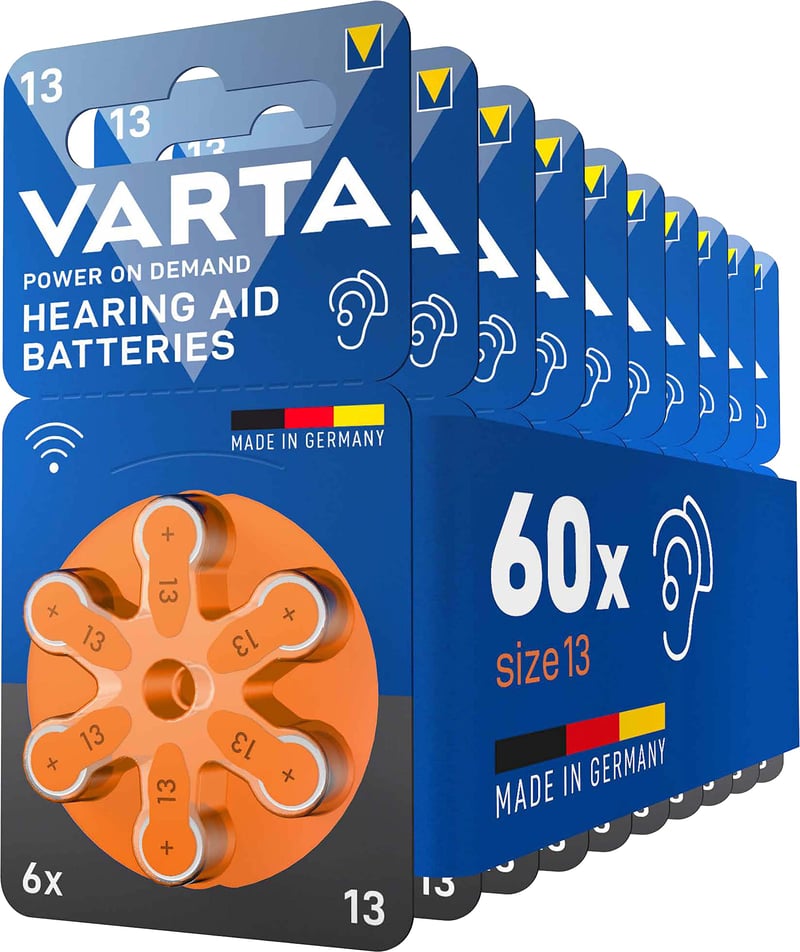 Batérie do načúvacích prístrojov VARTA typ 13 oranžové, balenie 60 ks, Power on Demand, pre načúvacie prístroje, vyrobené v Nemecku