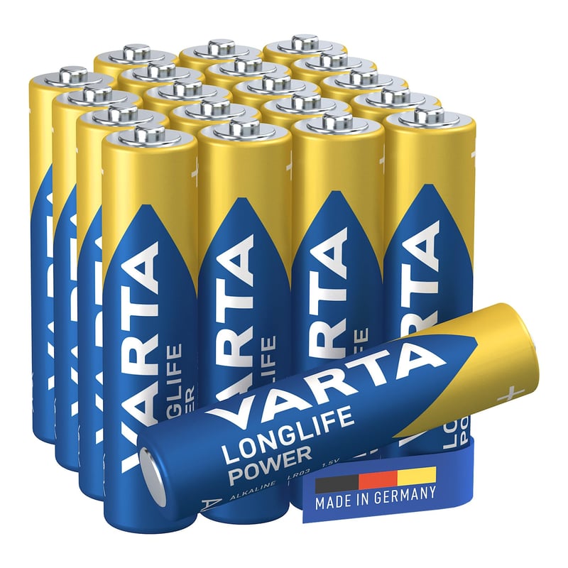 Baterii alcaline VARTA Longlife Power AAA, 20 buc (16+4) - 1,5V, pentru jucării, mouse wireless, lanternă, fabricate în Germania