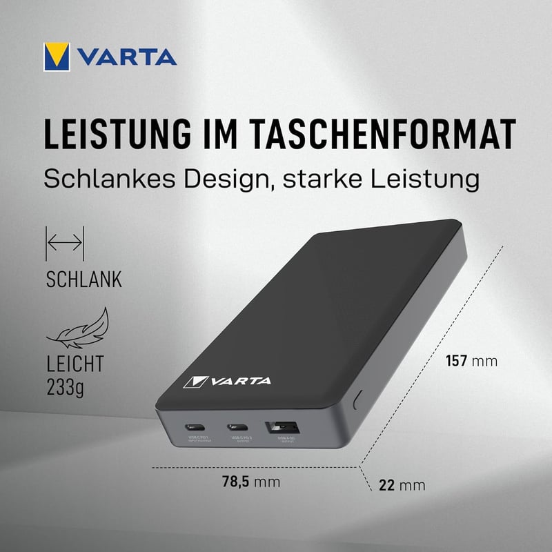 VARTA Power Bank 20000 mAh, 4 portos gyorstöltő, USB-C, Micro USB, telefon és tablet töltéshez - 1 pc, 20,000 mAh