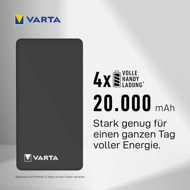 VARTA Power Bank 20000 mAh, 4 portos gyorstöltő, USB-C, Micro USB, telefon és tablet töltéshez - 1 pc, 20,000 mAh