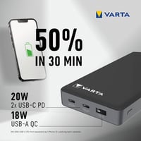 VARTA Power Bank 20000 mAh, 4 portos gyorstöltő, USB-C, Micro USB, telefon és tablet töltéshez - 1 pc, 20,000 mAh 7