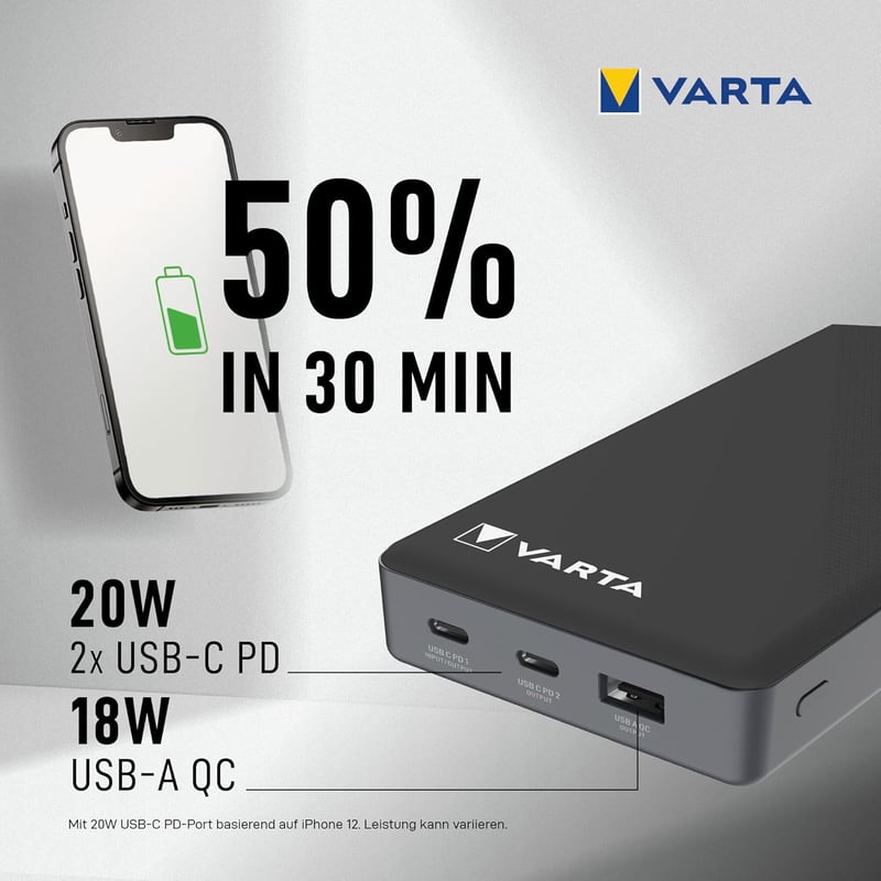 VARTA Power Bank 20000 mAh, 4 portos gyorstöltő, USB-C, Micro USB, telefon és tablet töltéshez - 1 pc, 20,000 mAh