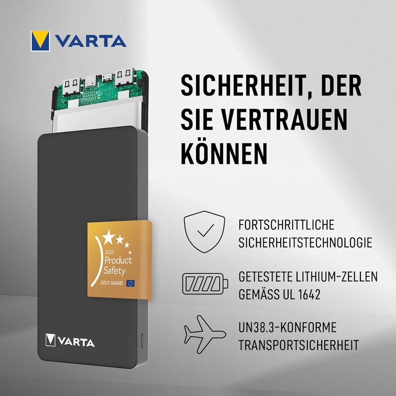 VARTA Power Bank 20000 mAh, 4 portos gyorstöltő, USB-C, Micro USB, telefon és tablet töltéshez - 1 pc, 20,000 mAh
