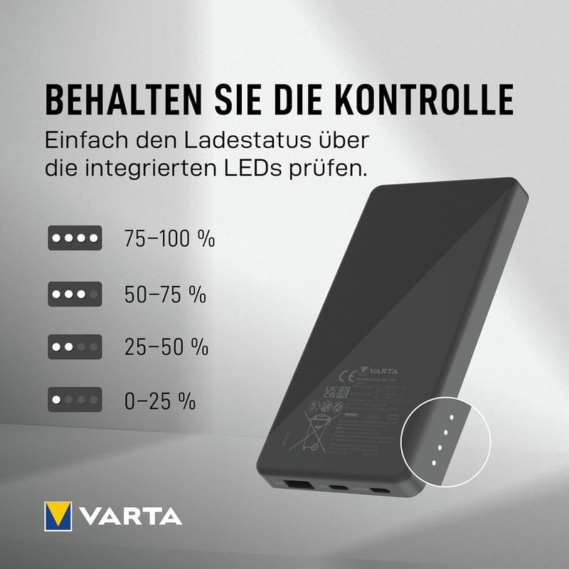 VARTA Power Bank 20000 mAh, 4 portos gyorstöltő, USB-C, Micro USB, telefon és tablet töltéshez - 1 pc, 20,000 mAh