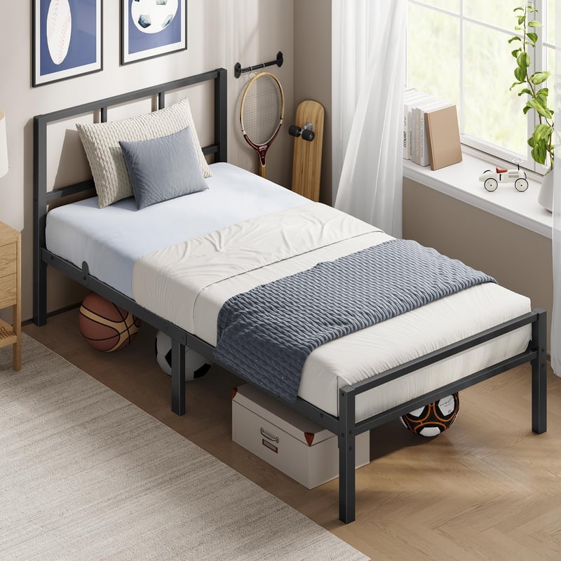 Jednolôžková posteľ VASAGLE 90x190 cm, s čelom, kovový rám, nosnosť 250 kg, jednoduchá montáž, do spálne, atramentovo čierna RMB291B101
