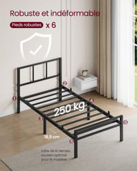 Jednolôžková posteľ VASAGLE 90x190 cm, s čelom, kovový rám, nosnosť 250 kg, jednoduchá montáž, do spálne, atramentovo čierna RMB291B101 2