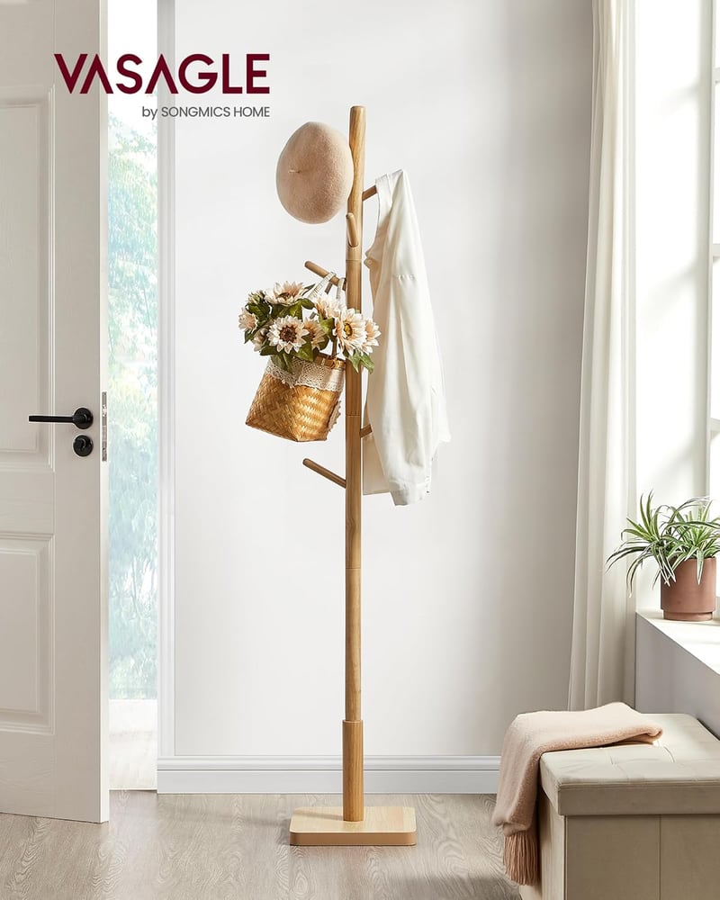 VASAGLE Fa Ruhaállvány 8 Kampóval Fajáték Alakú Natúr Bézs Gumifa - Natural Beige, square base + straight hooks