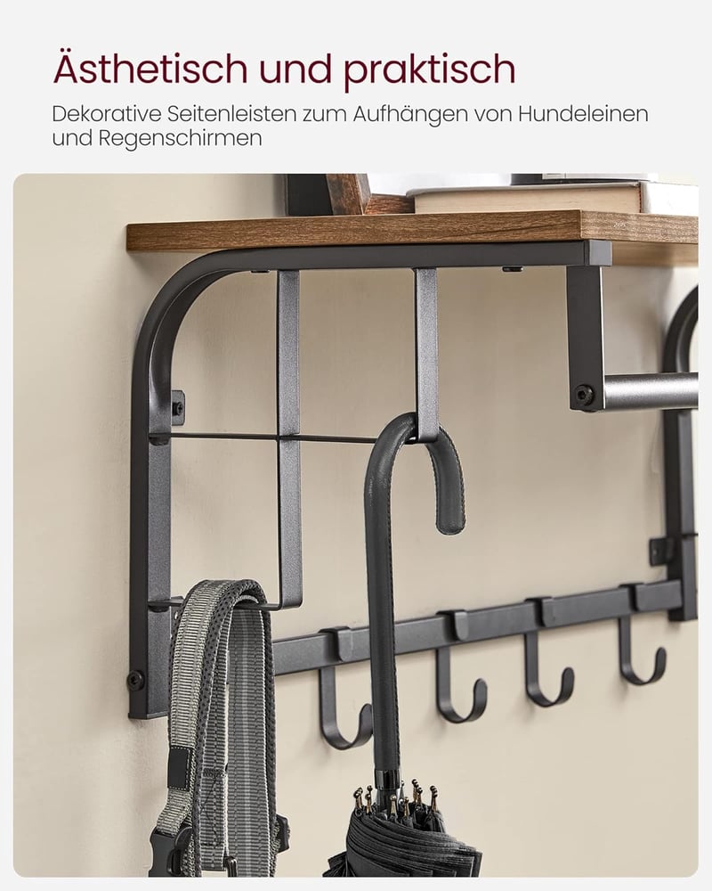 VASAGLE fali ruhatartó polccal, 5 akasztóval és rúddal, vintage