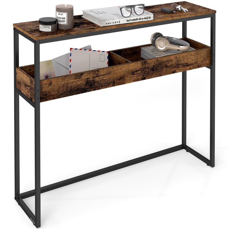 Consolă îngustă VASAGLE cu 2 niveluri și compartimente semi-deschise pentru hol și intrare, maro vintage și negru cerneală, 24 x 100 x 80 cm, LNT091K01