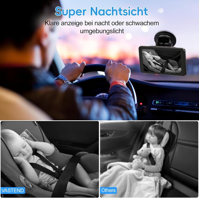 VASTEND 5 hüvelykes autós tükör hátsó üléshez, 1080P éjszakai látás, 170° széles szög, könnyű telepítés