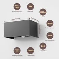 vatato 24W vanjska zidna svjetiljka sa senzorom pokreta, IP65, 3000K toplo bijeli LED, aluminij, podesiv snop svjetlosti, antracit, za hodnike i staze, 1 kom 5