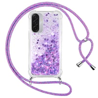 Husă Vauki pentru Samsung Galaxy A17 5G/4G cu șnur, din silicon TPU transparent cu sclipici lichid, bumper antisoc, cu suport tip colier, mov 1