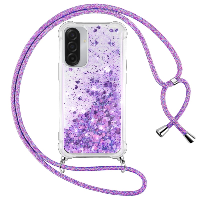 Husă Vauki pentru Samsung Galaxy A17 5G/4G cu șnur, din silicon TPU transparent cu sclipici lichid, bumper antisoc, cu suport tip colier, mov