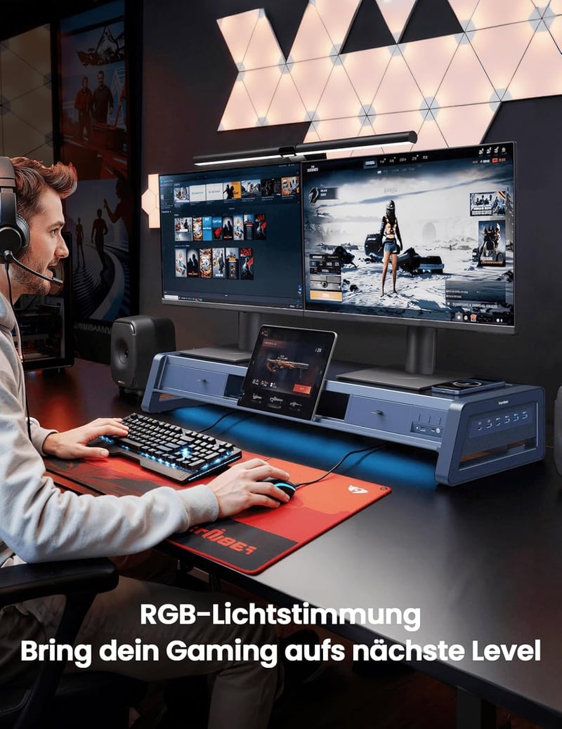 Vaydeer Dupla Monitor Állvány 2 Fiókkal, USB Portokkal és Vezeték Nélküli Töltéssel