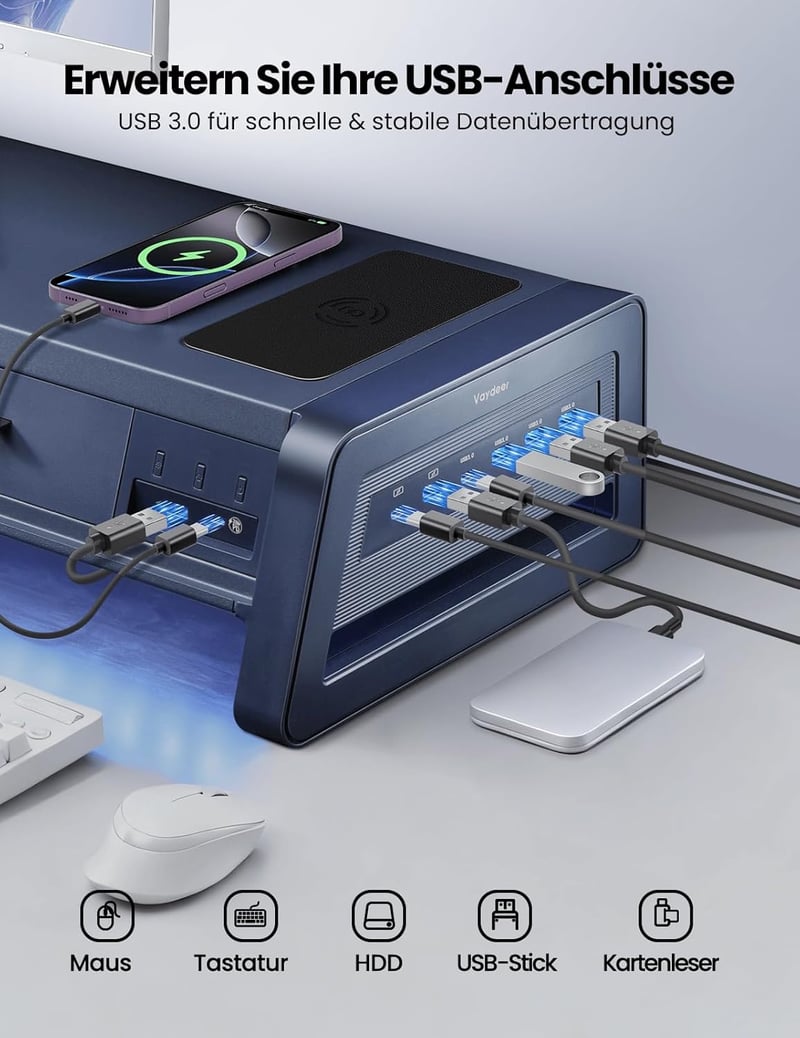 Vaydeer Dupla Monitor Állvány 2 Fiókkal, USB Portokkal és Vezeték Nélküli Töltéssel