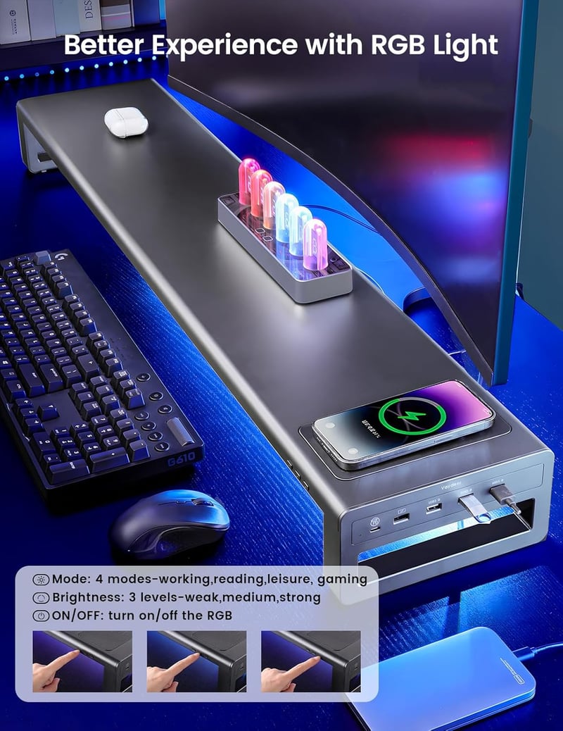 VAYDEER Dupla Monitor Állvány - Alumínium Monitorállvány 32" Képernyőkig, Vezeték Nélküli Töltővel és 4 USB 3.0 Porttal, Laptop Tartó - Feke