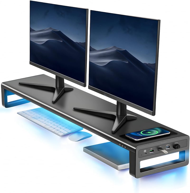 VAYDEER Dupla Monitor Állvány - Alumínium Monitorállvány 32" Képernyőkig, Vezeték Nélküli Töltővel és 4 USB 3.0 Porttal, Laptop Tartó - Feke