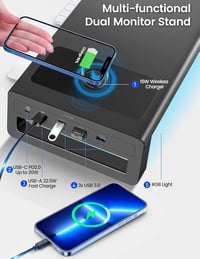 VAYDEER Dupla Monitor Állvány - Alumínium Monitorállvány 32" Képernyőkig, Vezeték Nélküli Töltővel és 4 USB 3.0 Porttal, Laptop Tartó - Feke 2
