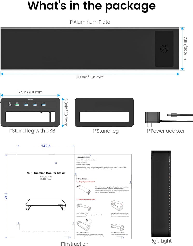 VAYDEER Dupla Monitor Állvány - Alumínium Monitorállvány 32" Képernyőkig, Vezeték Nélküli Töltővel és 4 USB 3.0 Porttal, Laptop Tartó - Feke
