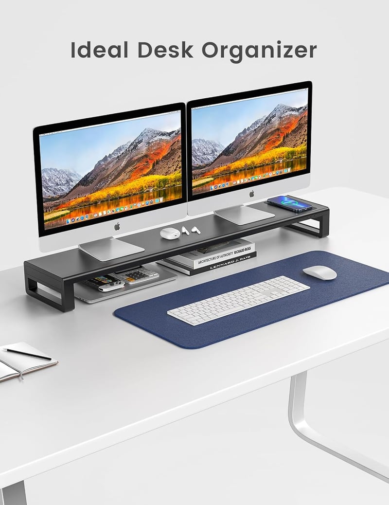 VAYDEER Dupla Monitor Állvány - Alumínium Monitorállvány 32" Képernyőkig, Vezeték Nélküli Töltővel és 4 USB 3.0 Porttal, Laptop Tartó - Feke