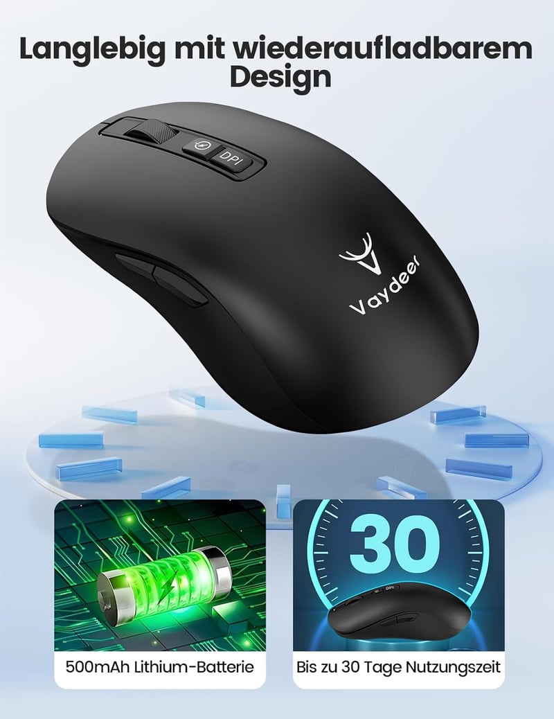 VAYDEER Gaming Mouse Jiggler 2-in-1 Wireless Egér 2.4GHz Bluetooth 3200 DPI