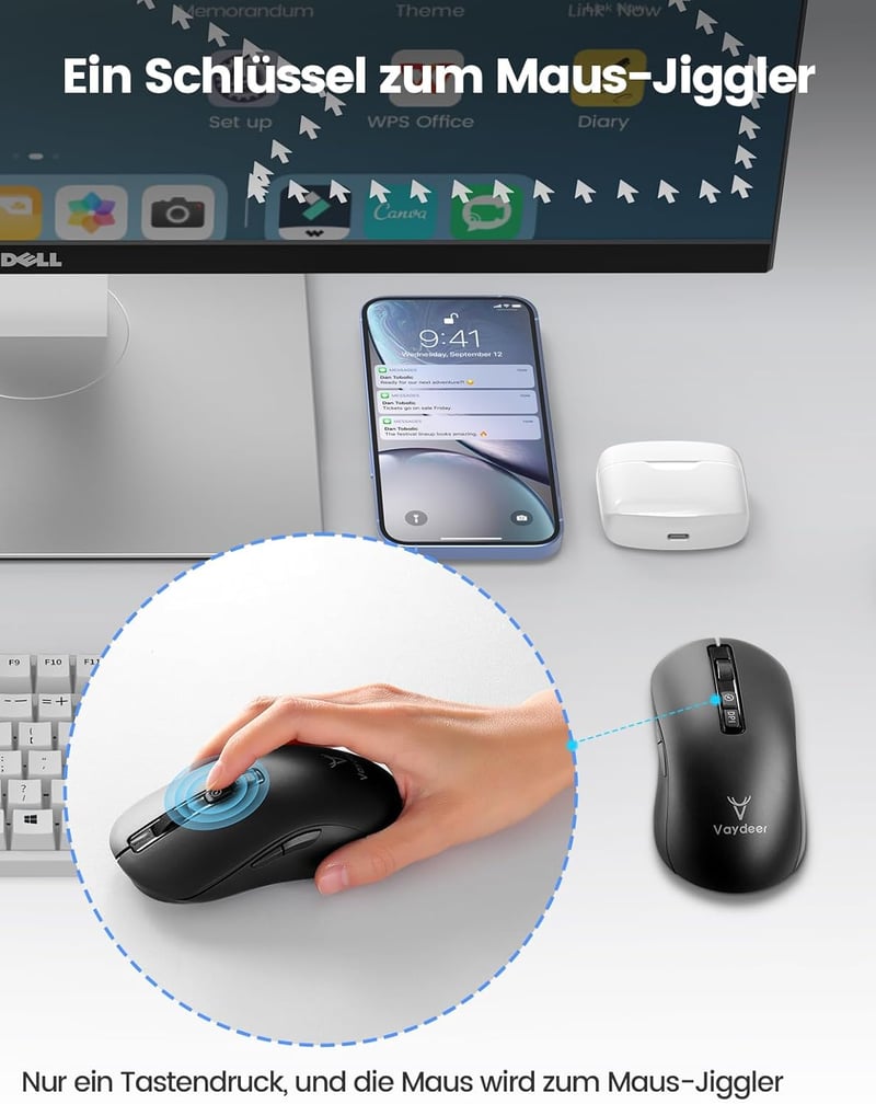 VAYDEER Gaming Mouse Jiggler 2-in-1 Wireless Egér 2.4GHz Bluetooth 3200 DPI