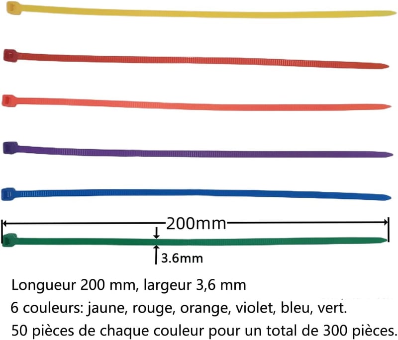 VBATTY Színes Kábelkötegelő Szett 300db - 200mm x 3.6mm Nylon Kábelrendező 6 Színben (Sárga, Piros, Narancs, Lila, Kék, Zöld) Kerthez, DIY P