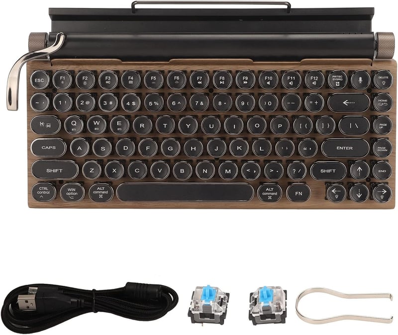 VBESTLIFE Retro Írógép Billentyűzet - 83 Gombos Vezeték Nélküli Mechanikus Bluetooth Billentyűzet Fém Sapkákkal, Fa Mintázattal PC-hez és La
