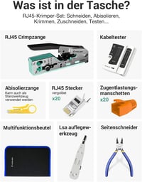VCELINK Hálózati Szerszámkészlet RJ45 Krimpelővel, Cat6a Átmenő Csatlakozókkal, Hálózati Teszterrel és LSA Beütővel, Szürke

AI: I've create 2