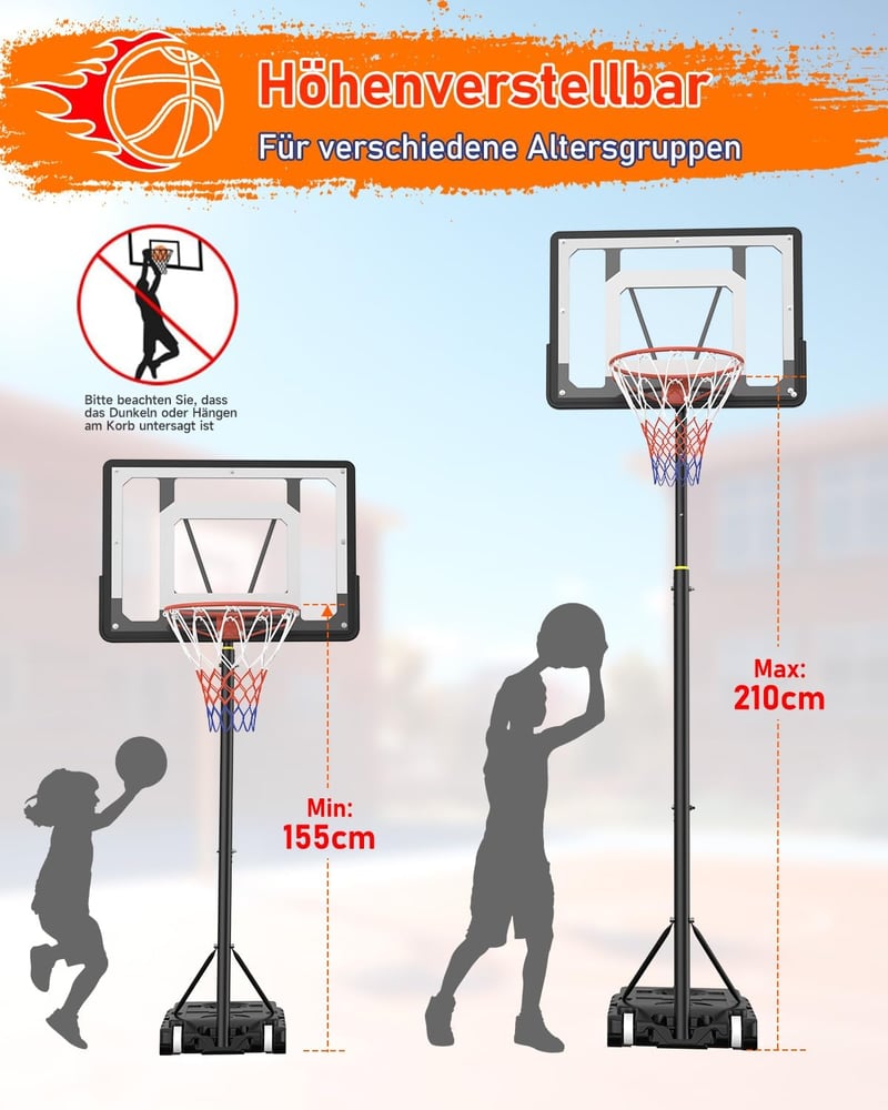 vcloo Kosárlabda Palánk Gyerekeknek - 150-210 cm Állítható Magasság, 80x60 cm Törhetetlen Háttábla, Bővített Talppal és Kerekekkel, Kültéri/