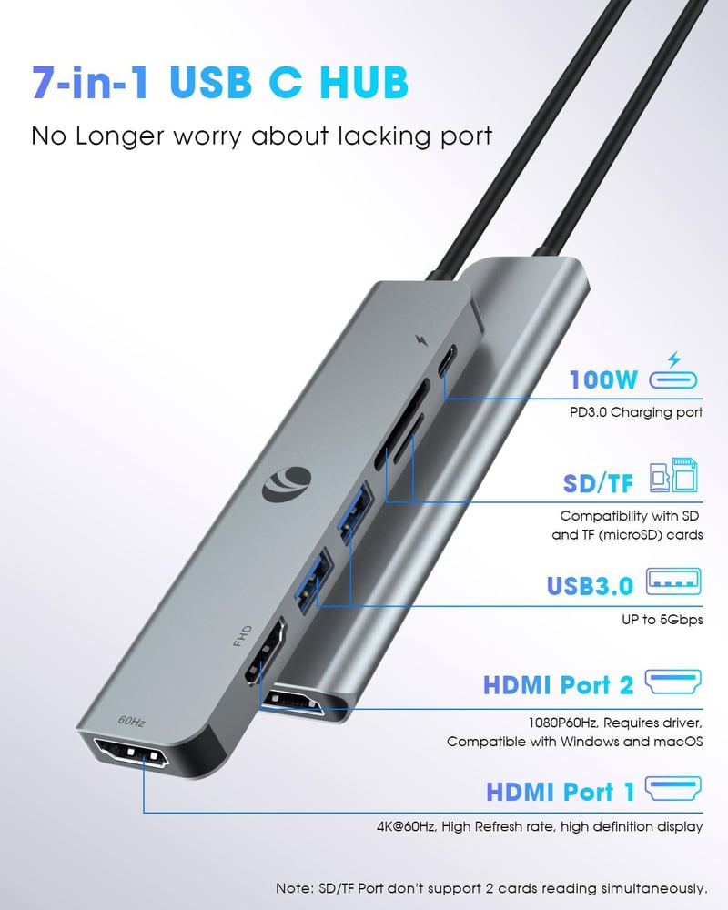 VCOM 7 az 1-ben USB-C hub 4K HDMI, 2x USB 3.0, 100W PD, kártyaolvasó