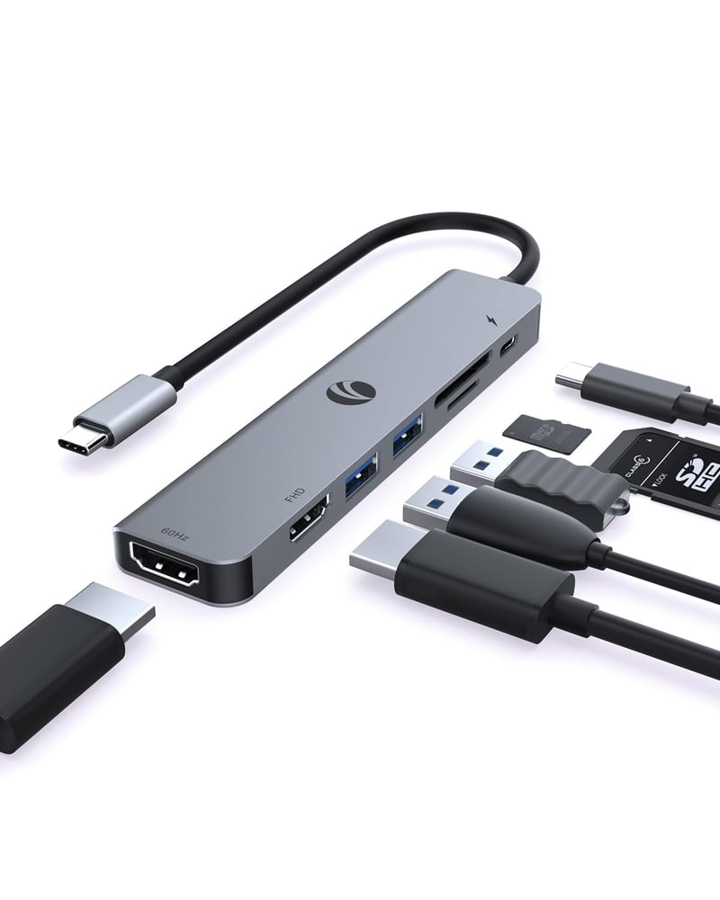 VCOM 7-v-1 USB-C hub, MST, duálne HDMI 4K+1080P, 2x USB 3.0, PD 100W, SD/TF