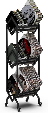 VEDECASA Ipari Stílusú Vinyl Lemez Tároló Állvány - 3 Szintes Fém Polcrendszer 150 LP Tárolására, Görgőkkel, Fekete 2