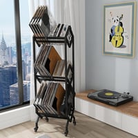 VEDECASA Ipari Stílusú Vinyl Lemez Tároló Állvány - 3 Szintes Fém Polcrendszer 150 LP Tárolására, Görgőkkel, Fekete 1