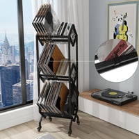 VEDECASA Ipari Stílusú Vinyl Lemez Tároló Állvány - 3 Szintes Fém Polcrendszer 150 LP Tárolására, Görgőkkel, Fekete 4