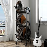 VEDECASA Ipari Stílusú Vinyl Lemez Tároló Állvány - 3 Szintes Fém Polcrendszer 150 LP Tárolására, Görgőkkel, Fekete 3