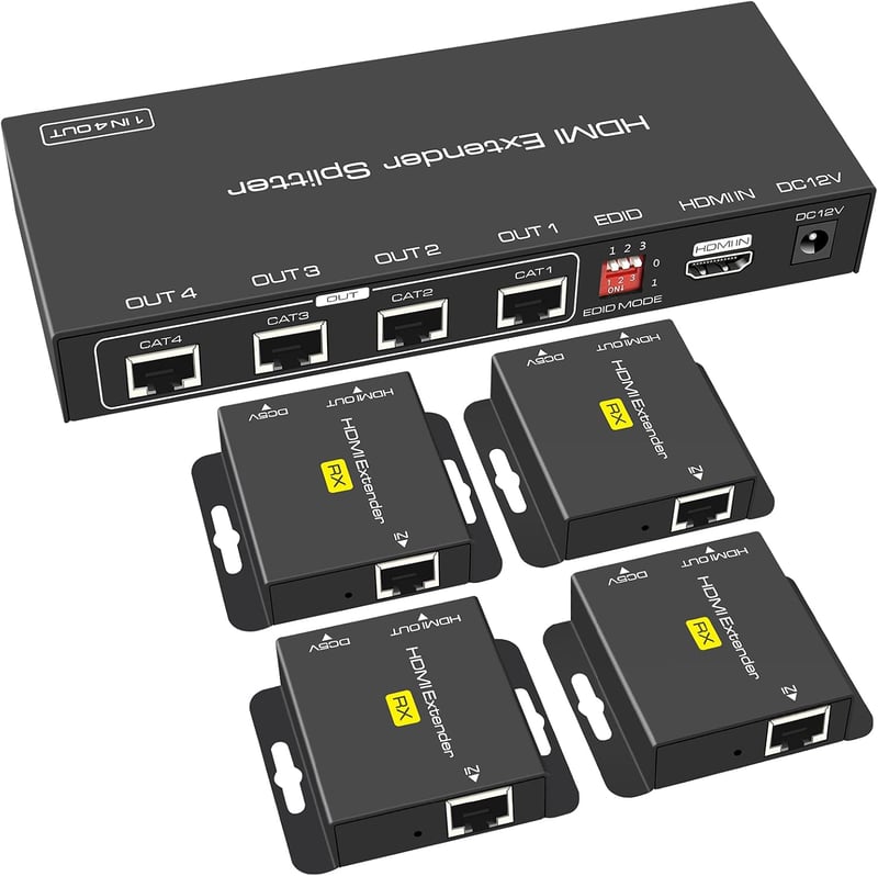 VEDINDUST HDMI Splitter Elosztó 1-4 Kimenettel - 50m Jeltovábbítás Cat5e/6/7 Kábelen - 1080p Felbontás - EDID Funkció - POC Technológia
