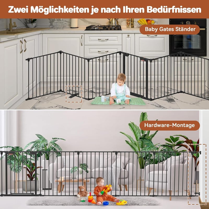 Védőrács Kandallóhoz és Kályhához, 64–386 cm – Gyermekbiztonsági Rács, Összecsukható 6 Acélpanellel, Lépcső- és Konyhai Elválasztó, Fekete